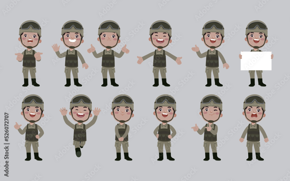 Set of army soldiers man in uniform with difference action Set of army soldiers man in uniform with difference action