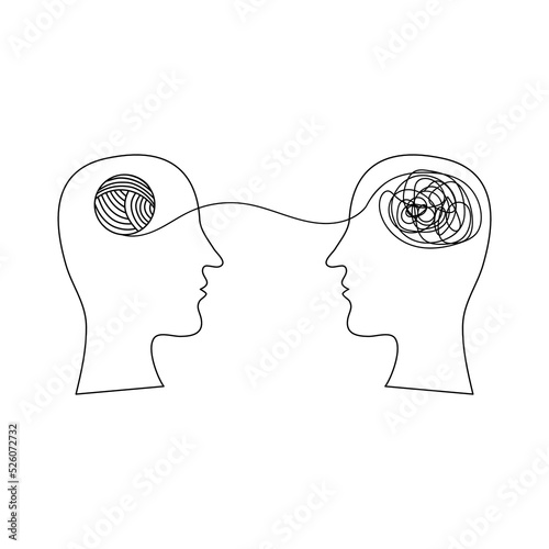 Vector illustration of men's heads silhouettes with brain in form of yarn. Mental health psychology anxiety depression concept