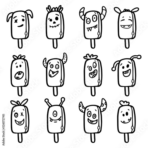 Ice cream with funny monster faces Set. Outline Doodle Cartoon Vector Illustration for Halloween design, Coloring book