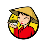  mascot vietnamese girl holding pho bowl in vector