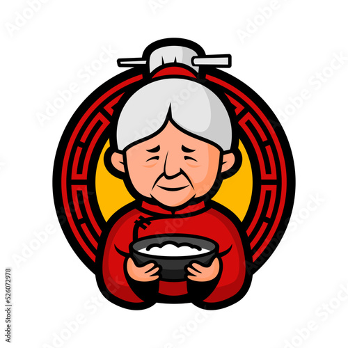 mascot of grandma holding rice bowl  in vector 