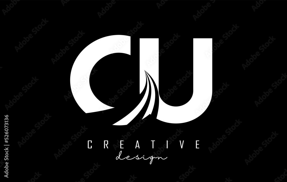 White letters CU c u logo with leading lines and road concept design. Letters with geometric design. White letters CU c u logo with leading lines and road concept design. Letters with geometric design.
