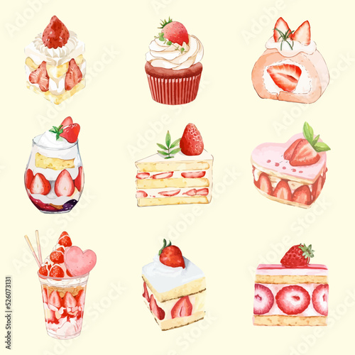 Watercolor style vector illustration with various sweets using strawberries