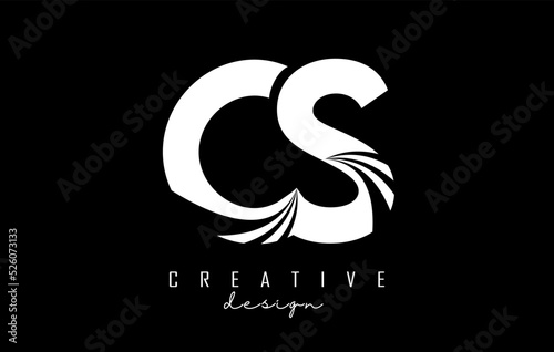 White letters CS c s logo with leading lines and road concept design. Letters with geometric design.