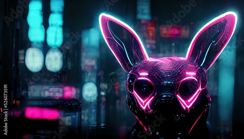 Futuristic neon rabbit, close-up, on the background of the city. The symbol of the new year 2023 in neon light. Pink rabbit.