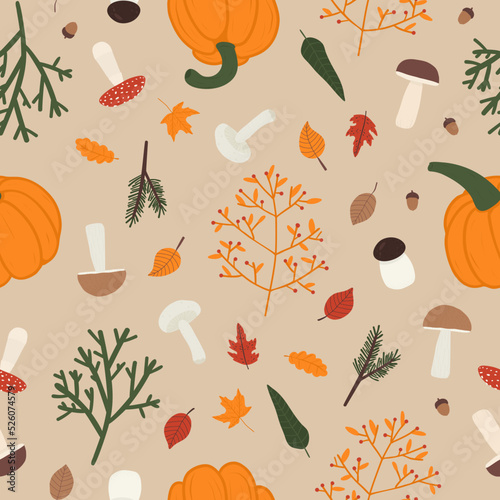 Vector seamless pattern with pumpkins, mushrooms and leaves. For fall decoration, fabric, kitchen textile, feast invitation, towel print, cover of cooking book, packaging design, template labels.