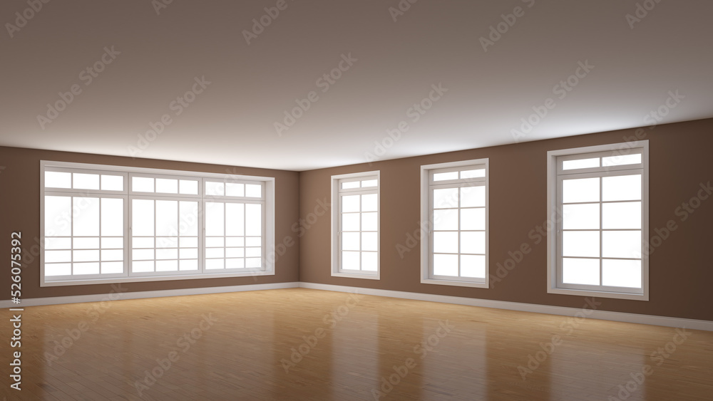 Empty Corner of the Room with Brown Walls, Four Windows, Light Glossy Parquet Floor and a White Plinth. Room with Perspective View. 3d rendering with a Work Path on the Windows. 8K Ultra HD, 7680x4320 Empty Corner of the Room with Brown Walls, Four Windows, Light Glossy Parquet Floor and a White Plinth. Room with Perspective View. 3d rendering with a Work Path on the Windows. 8K Ultra HD, 7680x4320