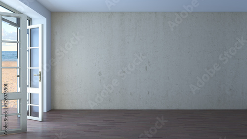 Empty Hotel Room with Open Doors Overlooking the Beach, Yellow Sand and Clouds. Sea View Interior with Dark Parquet Floor and Beige Stucco wall. 3d illustration, Ultra HD 8K, 7680x4320, 300 dpi © SK-Studio