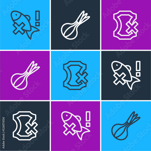 Set line No fish, leather and Onion icon. Vector
