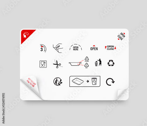 Tray container icons set. Vector illustration. Set for packs, shows the place of opening. EPS10.