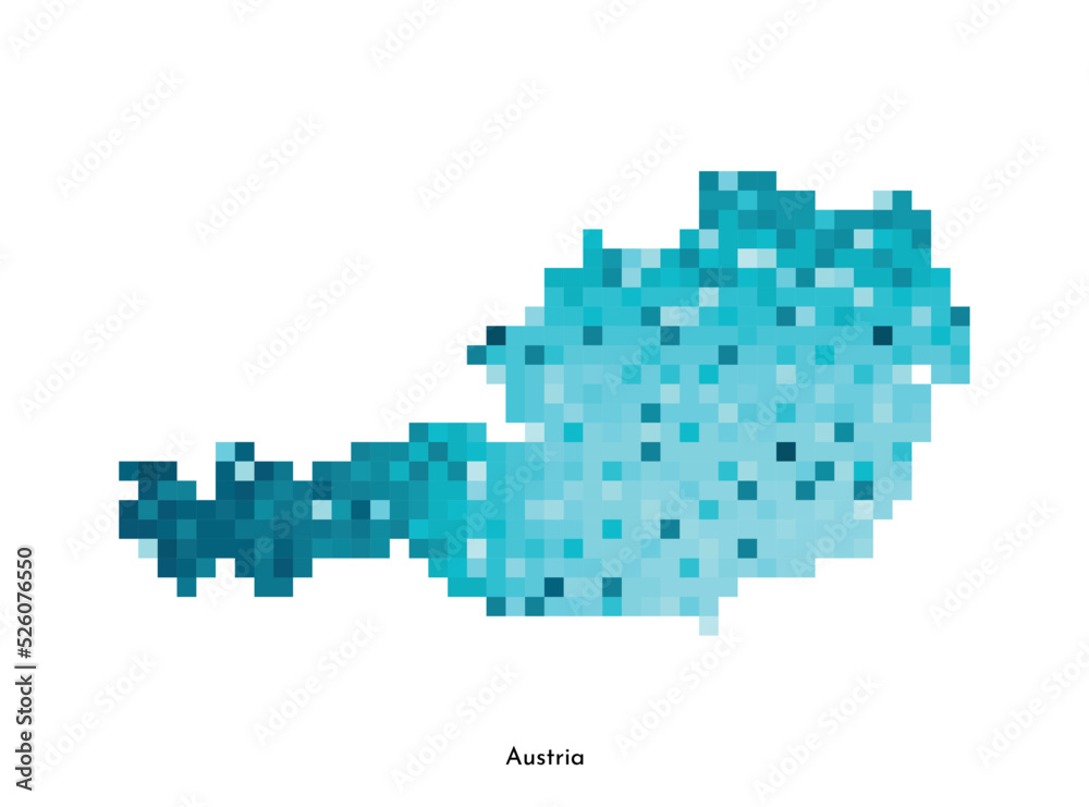 Vector isolated geometric illustration with simplified icy blue silhouette of Austria map. Pixel art style for NFT template. Dotted logo with gradient texture for design on white background