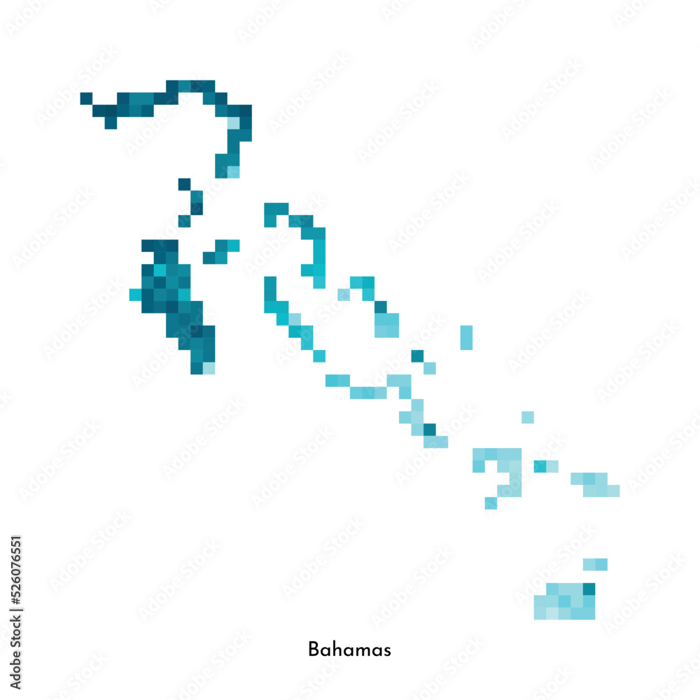 Vector isolated geometric illustration with simplified icy blue silhouette of Bahamas map. Pixel art style for NFT template. Dotted logo with gradient texture for design on white background