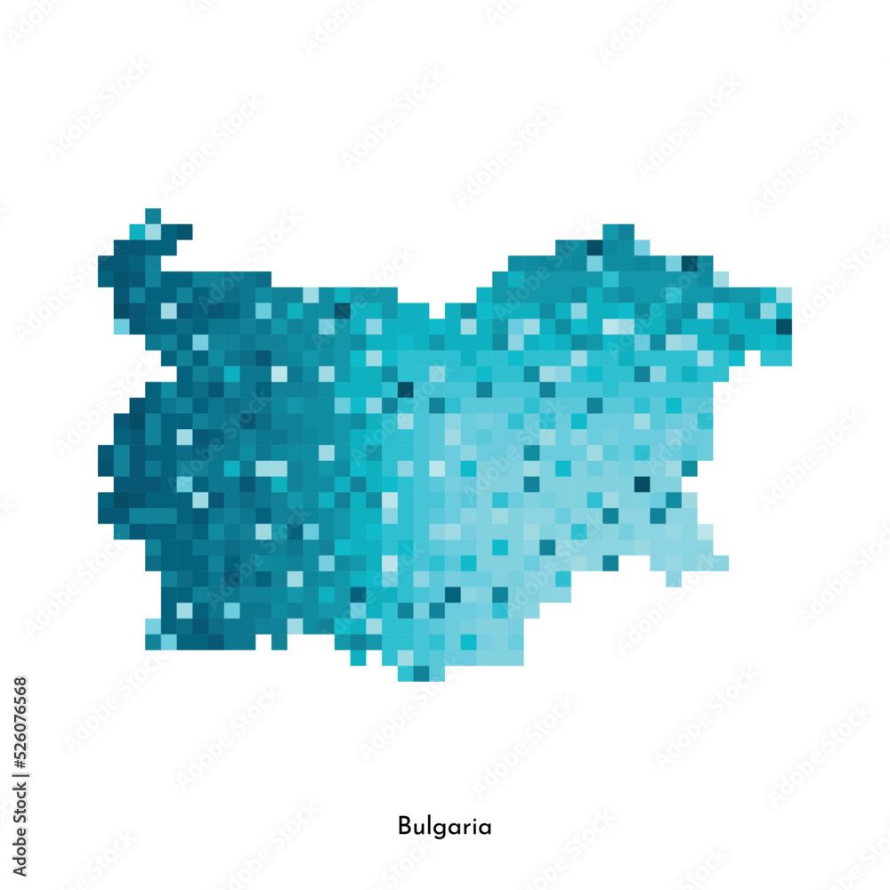 Vector isolated geometric illustration with simplified icy blue silhouette of Bulgaria map. Pixel art style for NFT template. Dotted logo with gradient texture for design on white background Vector isolated geometric illustration with simplified icy blue silhouette of Bulgaria map. Pixel art style for NFT template. Dotted logo with gradient texture for design on white background