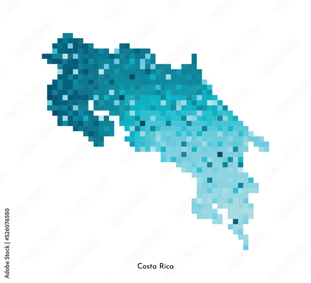 Vector isolated geometric illustration with simplified icy blue silhouette of Costa Rica map. Pixel art style for NFT template. Dotted logo with gradient texture for design on white background