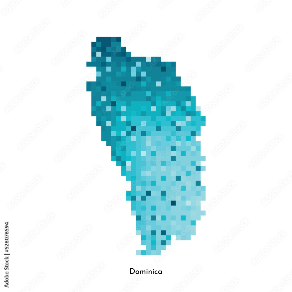 Vector isolated geometric illustration with simplified icy blue silhouette of Dominica map. Pixel art style for NFT template. Dotted logo with gradient texture for design on white background