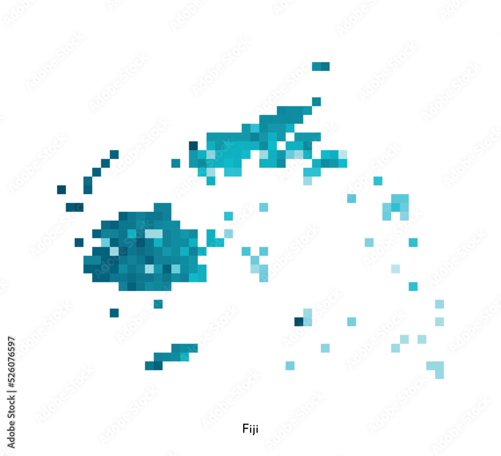 Vector isolated geometric illustration with simplified icy blue silhouette of Fiji map. Pixel art style for NFT template. Dotted logo with gradient texture for design on white background