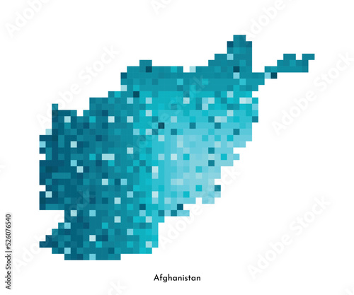 Vector isolated geometric illustration with simplified icy blue silhouette of Afghanistan map. Pixel art style for NFT template. Dotted logo with gradient texture for design on white background