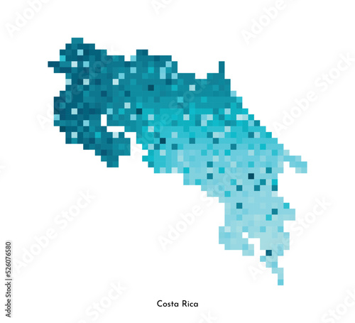 Vector isolated geometric illustration with simplified icy blue silhouette of Costa Rica map. Pixel art style for NFT template. Dotted logo with gradient texture for design on white background