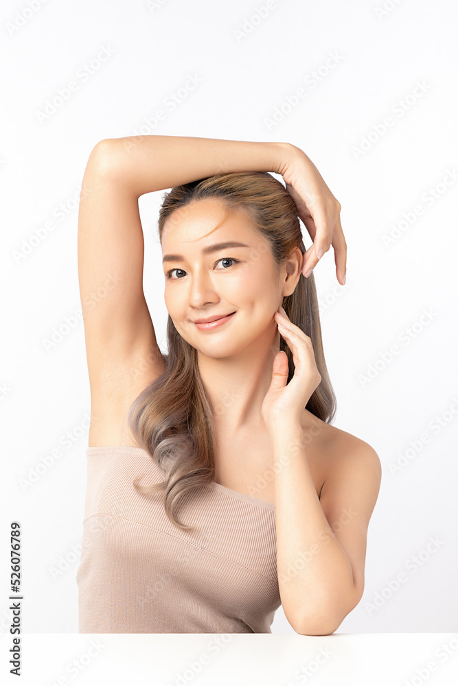 Happy beautiful young asian woman clean fresh bare skin concept. Asian girl beauty face skincare and health wellness, Facial treatment, Perfect skin, Natural make up. Isolated on white background. Happy beautiful young asian woman clean fresh bare skin concept. Asian girl beauty face skincare and health wellness, Facial treatment, Perfect skin, Natural make up. Isolated on white background.
