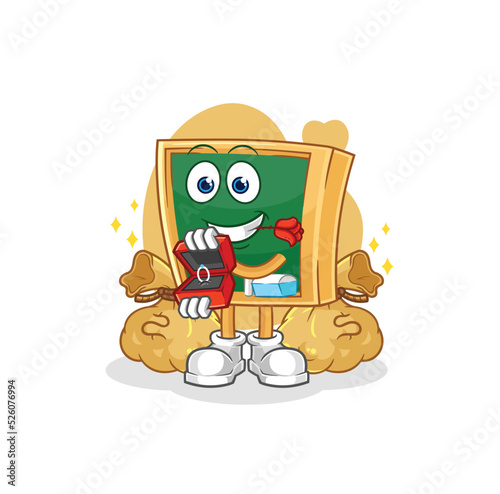 blackboard propose with ring. cartoon mascot vector