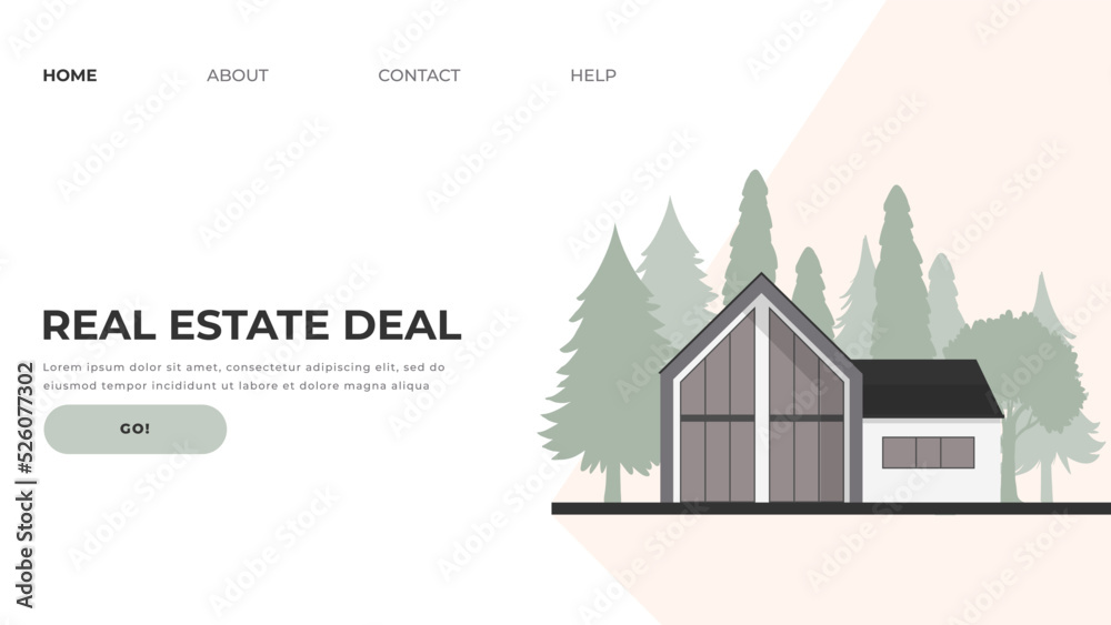 Web Banner Template With Cottage Illustration For Real Estate Agency, Construction Company Or Residential Landlord in Flat Style. Vector
