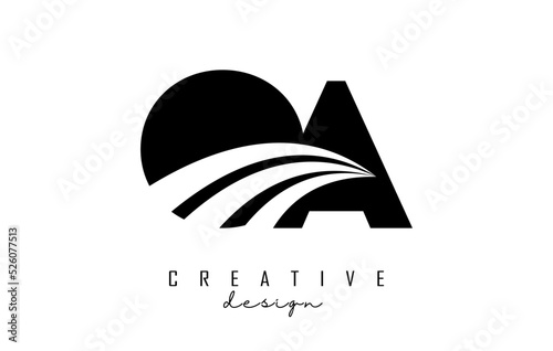 Creative black letters OA o a logo with leading lines and road concept design. Letters with geometric design.