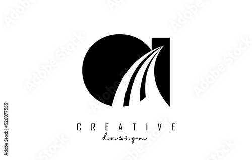 Creative black letters OI o i logo with leading lines and road concept design. Letters with geometric design.