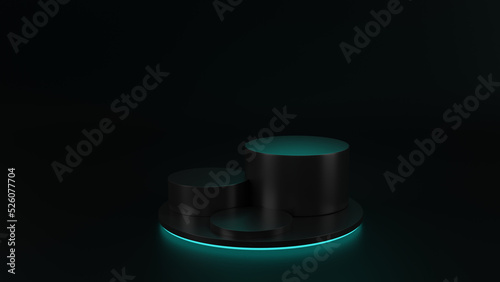 3D render of Cylinder podium with blue neon lights on dark background.podium for technology product presentation. empty dark. neon light display with blank backdrops.