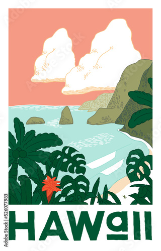 Hawaii beach with a surfer on it. USA tropical island ocean scape travel poster.