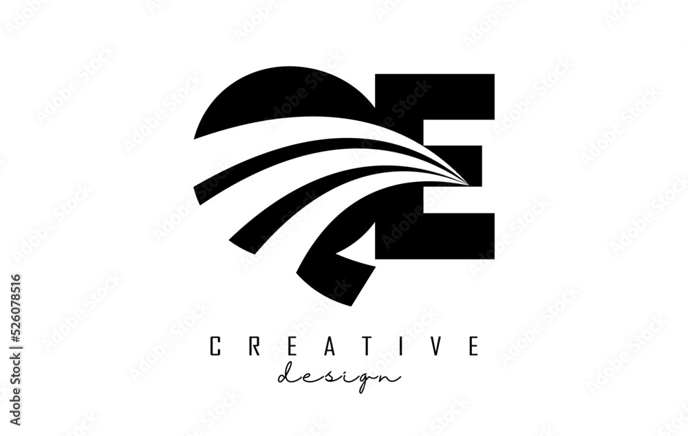 Creative black letters QE q e logo with leading lines and road concept design. Letters with geometric design.