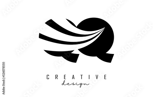 Creative black letters QQ q logo with leading lines and road concept design. Letters with geometric design.