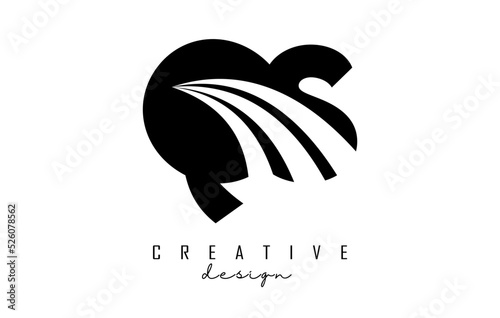 Creative black letters QS q s logo with leading lines and road concept design. Letters with geometric design.