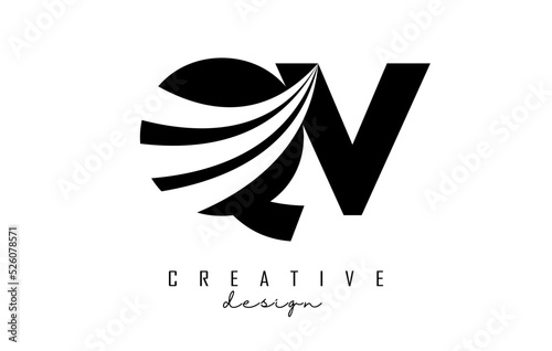 Creative black letters QV q v logo with leading lines and road concept design. Letters with geometric design. © ankreative