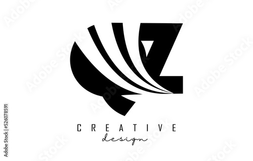 Creative black letters QZ q z logo with leading lines and road concept design. Letters with geometric design.