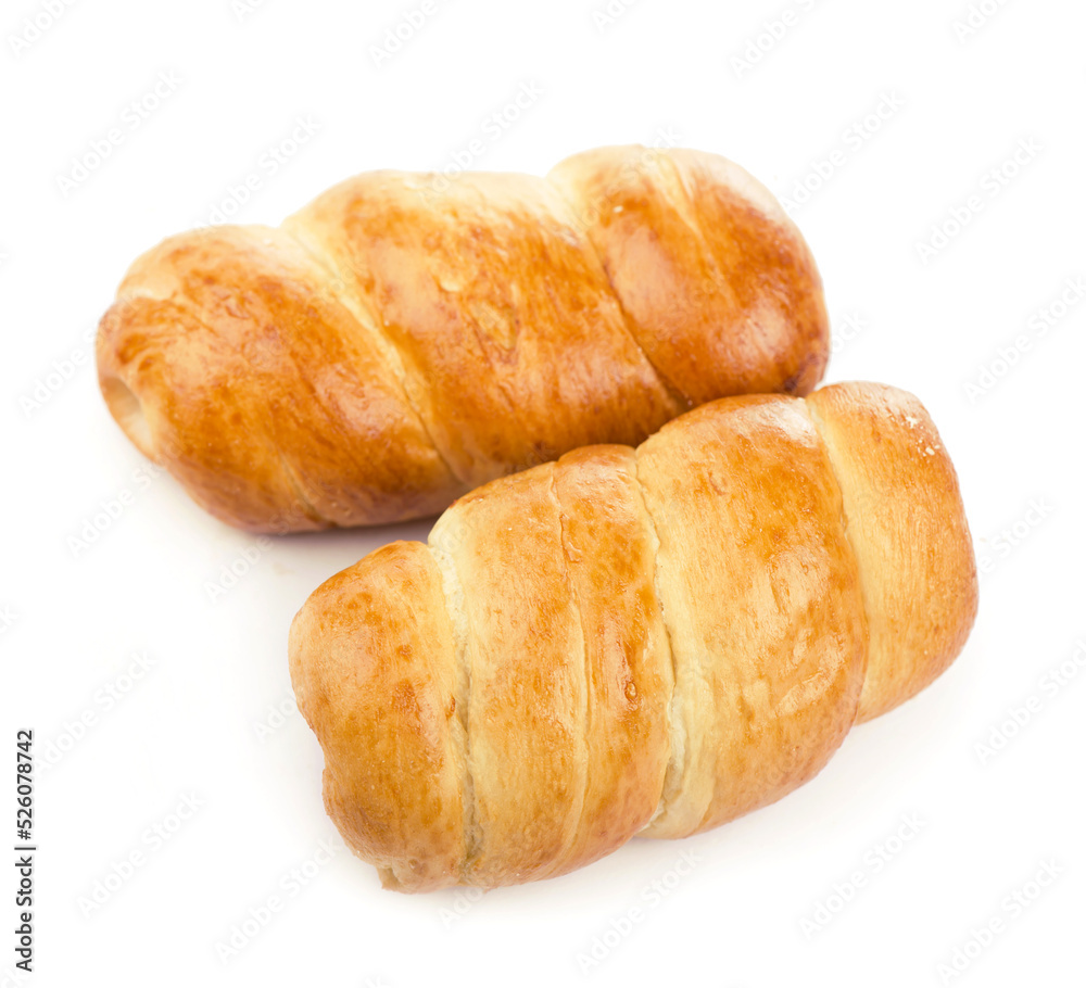 sausage roll , appetizing bun with sausage on a white background sausage roll , appetizing bun with sausage on a white background