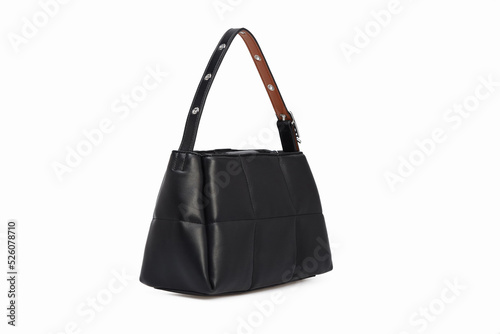 Blank Women Black Leather Handbag Isolated on White Background. Female handle bag with strap belt. Side view. Template, mock up.  © Olha