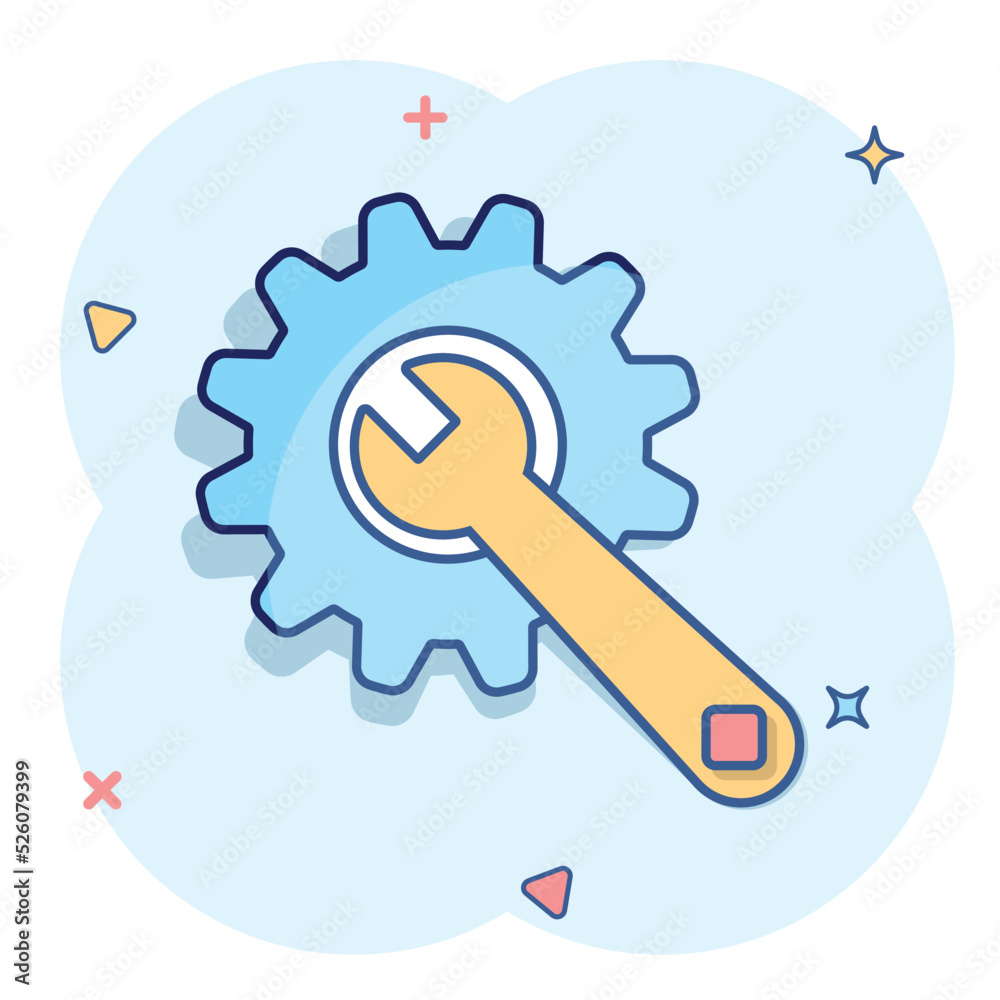 Vector cartoon service tool icon in comic style. Cogwheel with wrench sign illustration pictogram. Workshop business splash effect concept. Vector cartoon service tool icon in comic style. Cogwheel with wrench sign illustration pictogram. Workshop business splash effect concept.