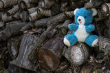 a teddy bear in blue sits near firewood on a farm