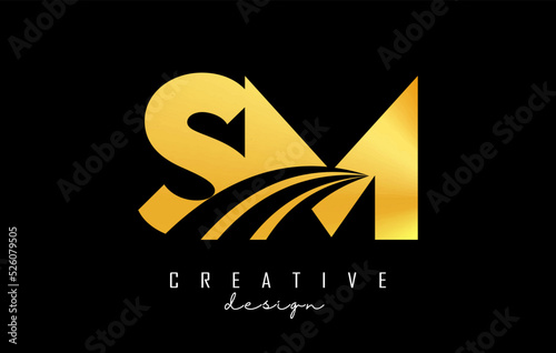 Golden letter SM s m logo with leading lines and road concept design. Letters with geometric design. Vector Illustration with letter and creative cuts. photo