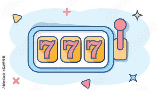 Vector cartoon casino slot machine icon in comic style. 777 jackpot sign illustration pictogram. Casino winner business splash effect concept.