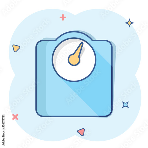 Vector cartoon bathroom scale weigher icon in comic style. Weigher sign illustration pictogram. Balance business splash effect concept.