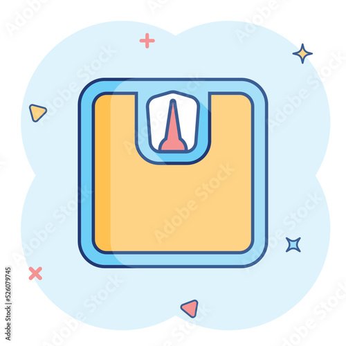 Vector cartoon bathroom scale weigher icon in comic style. Weigher sign illustration pictogram. Balance business splash effect concept.