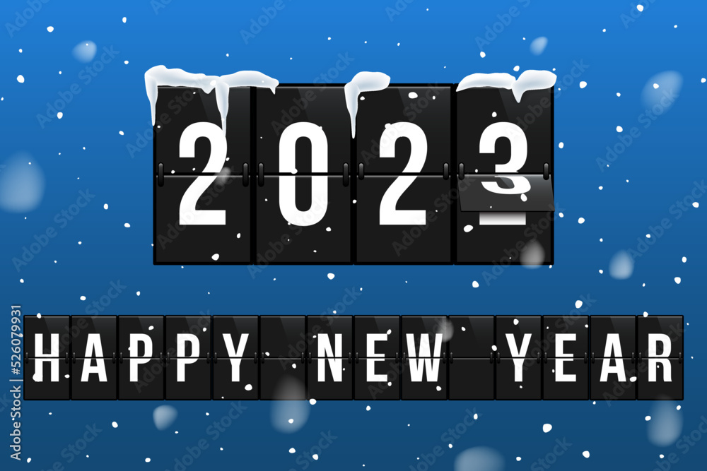 New Year 2023 vector greeting card template. Changing 2022 to 2023 in flipboard calendar flat illustration. Decorative snowflakes on blue background. Happy wishes vintage banner, poster design layout