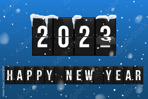 New Year 2023 vector greeting card template. Changing 2022 to 2023 in flipboard calendar flat illustration. Decorative snowflakes on blue background. Happy wishes vintage banner, poster design layout photo