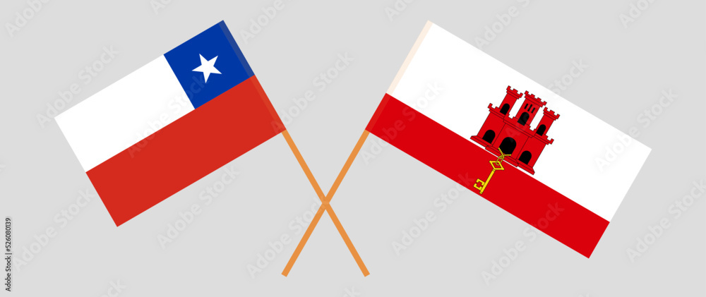 Crossed flags of Chile and Gibraltar. Official colors. Correct proportion