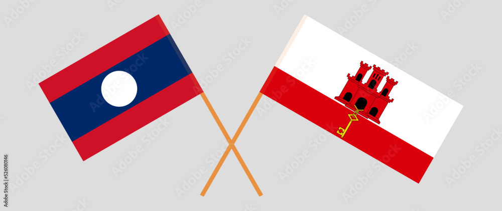 Crossed flags of Laos and Gibraltar. Official colors. Correct proportion