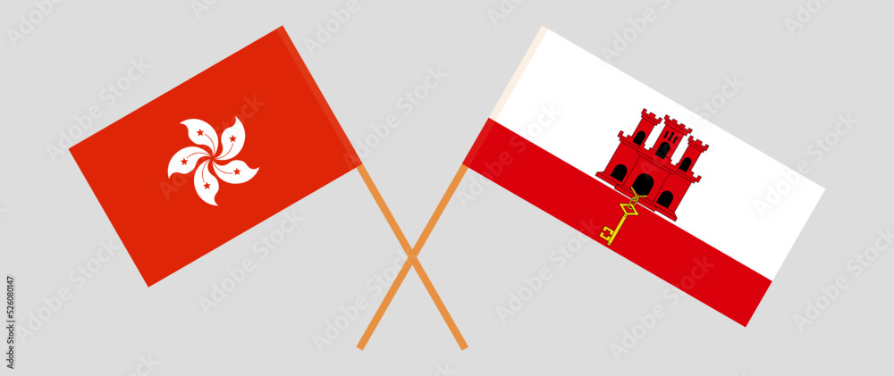 Crossed flags of Hong Kong and Gibraltar. Official colors. Correct proportion