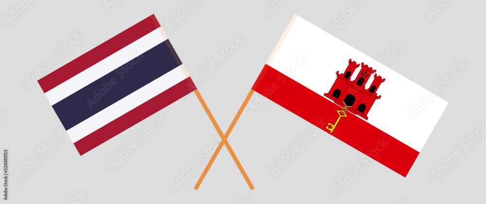 Crossed flags of Thailand and Gibraltar. Official colors. Correct proportion