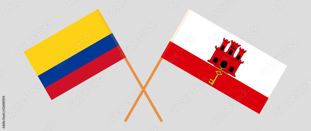 Crossed flags of Colombia and Gibraltar. Official colors. Correct proportion