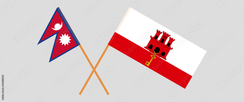 Crossed flags of Nepal and Gibraltar. Official colors. Correct proportion